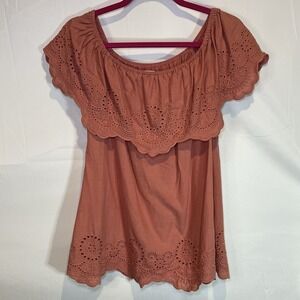 BP Off‎ Shoulder Top Womens Size S Red Mauve Peasant Embroidered Shirt Casual